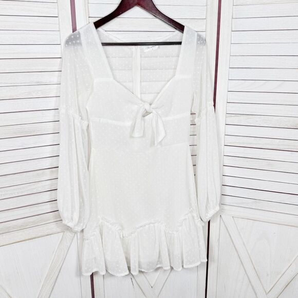 Hello Molly Clip Polka Dot Chiffon Mini Dress White Small Bishop Sleeve - Picture 9 of 13